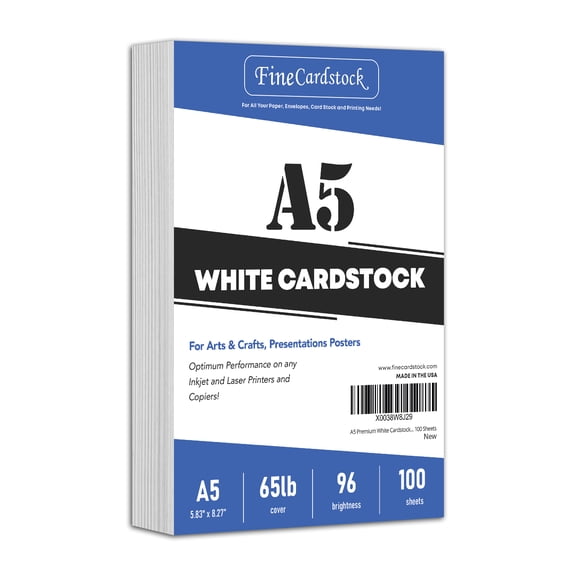 A5 Premium White Cardstock| For Copy, Printing, Writing | 5.83" x 8.27" inches (148 x 210 mm - Half of A4) | Full ream of 100 Sheets | 65lb