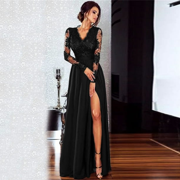 Women Lace Maxi Dress Deep V Neck Long Sleeve Side Split Slim Formal Long  Dress Black 
