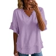 thumbnail image 4 of Women's Bohemian Raw Edge Cotton Linen Blend Short Sleeve Tunic Top Loose Fit Casual Blouse Summer Vacation Outfit Lightweight Everyday Wear Light Violet L, 4 of 9