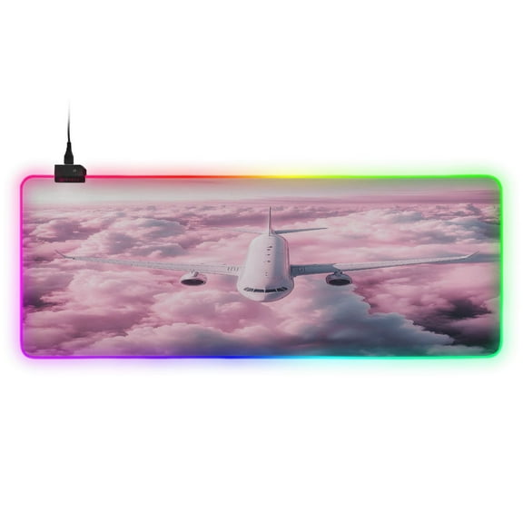 Large RGB Gaming Mouse Pad Led Glowing Mousepad Non-Slip Rubber Base 13 Light Modes 31.5x11.8 Airplane Fly above Pink Clouds