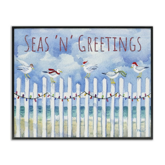 Stupell Industries Seas 'n' Greetings Seagulls Holiday Painting Black Framed Art Print Wall Art, 14 x 11