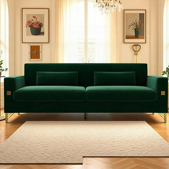FX-P18-RG2 Luxury Emerald Green Velvet Sofa | Plush Cushions, Gold Accents