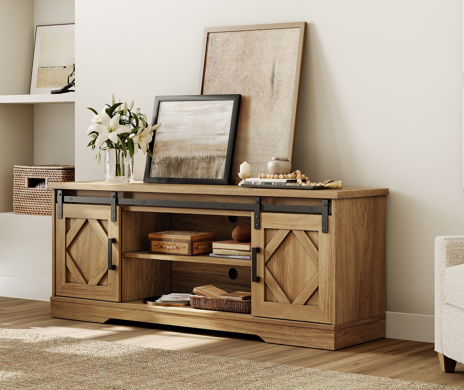 WAMPAT Farmhouse TV Stand with Sliding Barn Doors, Media Console with 3-Tier Adjustable Shelf for TVs up to 65", Rustic Wood Entertainment Center for Living Room,Vintage Oak