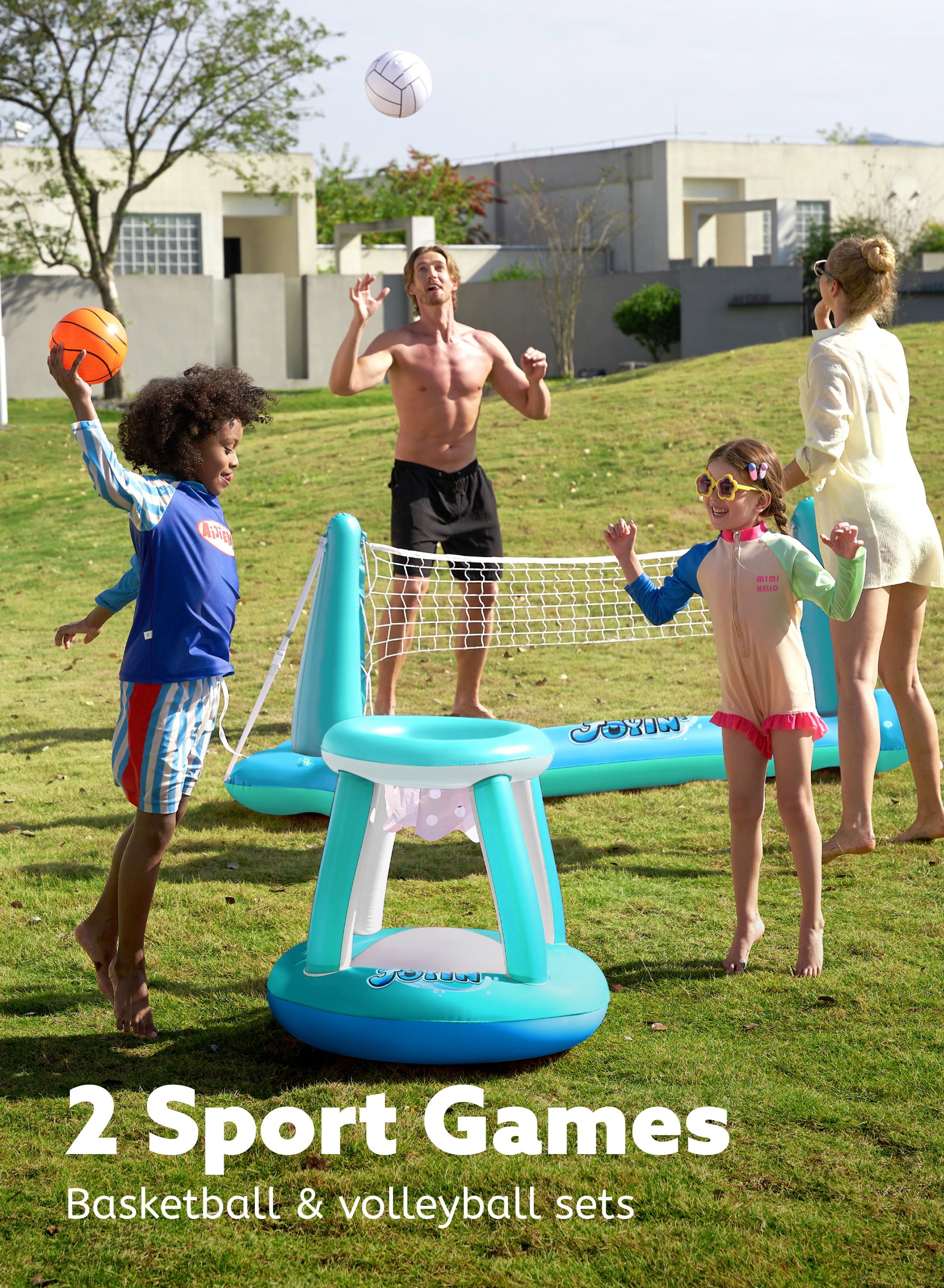 Joyfy Inflatable Pool Float Set Pool Volleyball Net & Basketball Hoops, Summer Pool Toys for Kids and Pool Game Adults, Volleyball Court (105”x28”x35”)|Basketball (27”x23”x27”),L-Blue
