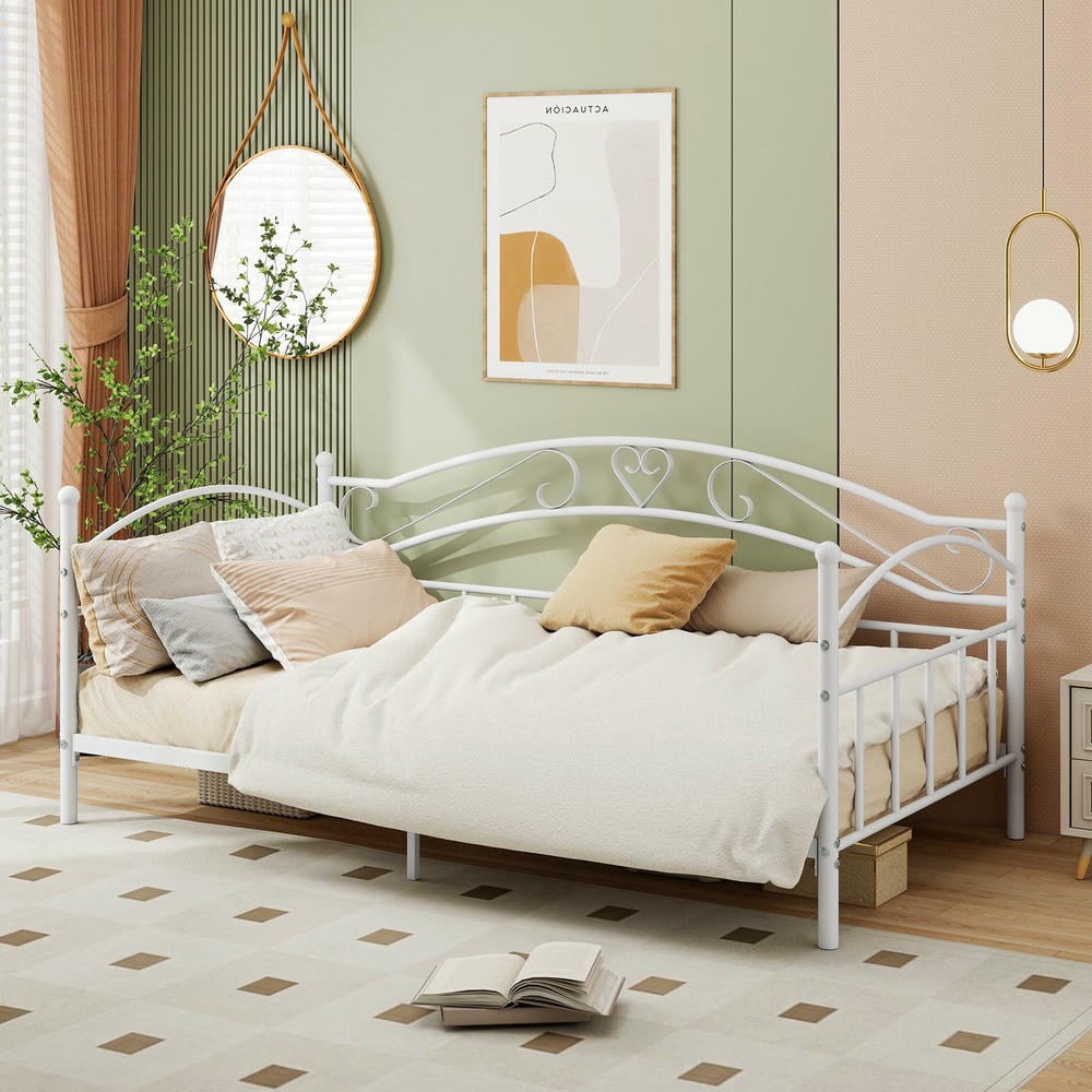 Barara King Twin Size Metal Bedroom Trundle Bed Frame with Headboard, Bed Platform Frame for Bedroom, Apartment, White