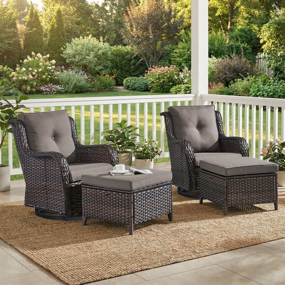 Giantfurnni Wicker Outdoor Furniture Patio Swivel Rocker Glider Chairs with Ottomans Set for Porch Balcony Deck Yard