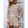 thumbnail image 4 of 2 Piece Sets for Women Summer Cute Stripe Long Sleeve Knit T Shirts Shorts Matching Lounge Set Khaki S, 4 of 8