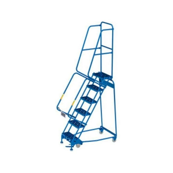 Global Industrial B3202254 16 in. 6 Step Narrow Steel Rolling Ladder - Perforated Step Cal-OSHA Handrail - Blue
