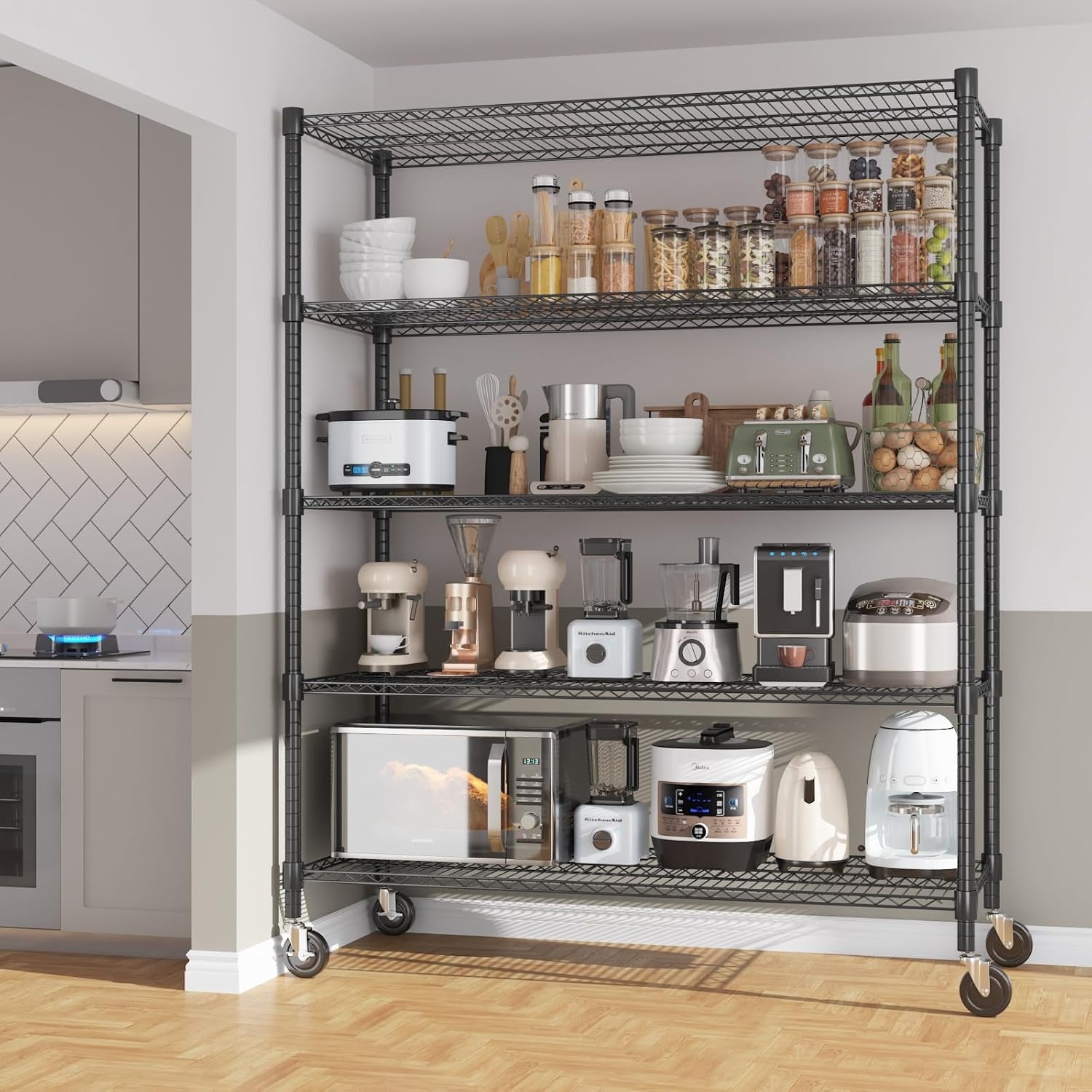 Sailvan 48"W x 18"D x 82"H Heavy Duty Wire Shelving Unit, 3000LBS Capacity 5-Tier Metal Storage Shelves with Wheels, Adjustable Garage Rack,Black