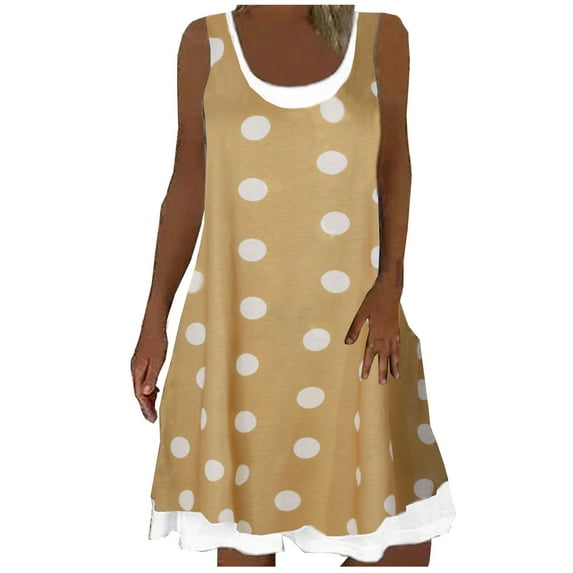 Women Summer Tank Dress Sleeveless U Neck Casual Loose Polka Dot Print Mini Dress Patchwork A Line Swing Beach Sundress