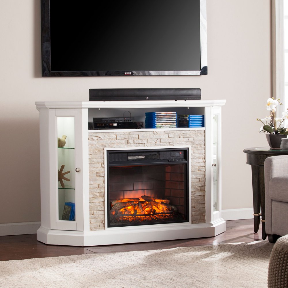 Renstone Corner Media Console with Electric Fireplace For TV's up to 50" White