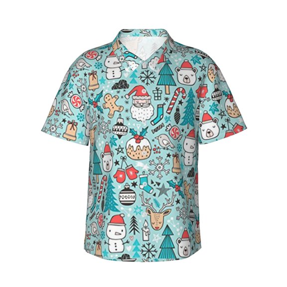 Christmas Santa Snowman Men'S 3d Print Casual Button Down Shirts, Novelty Hawaiian Short Sleeves M