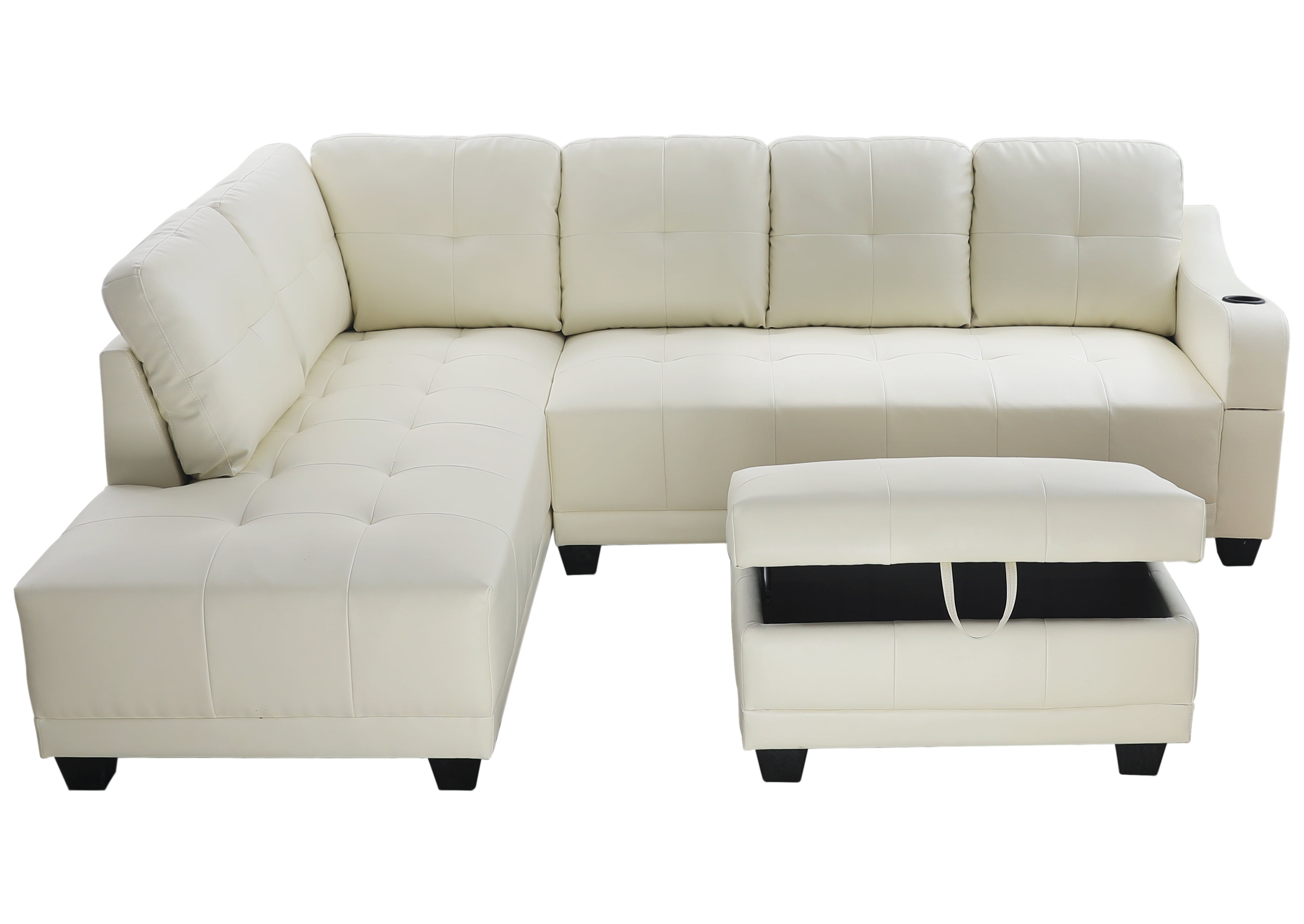 sectional sofa aycp furniture white faux leather sectional sofa with cup holder on the arm and storage ottoman left hand facing chaise more colors