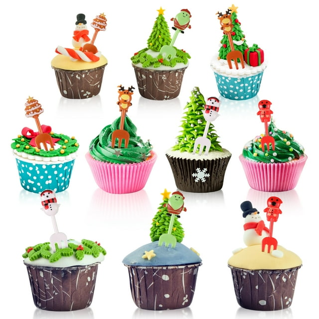 Decodeary 10pcs Fork Fruit Dessert Bento Lunch Sandwich Strawberry Pear Forks Snowman Santa Claus Sticker Tableware Safe 1PCS
