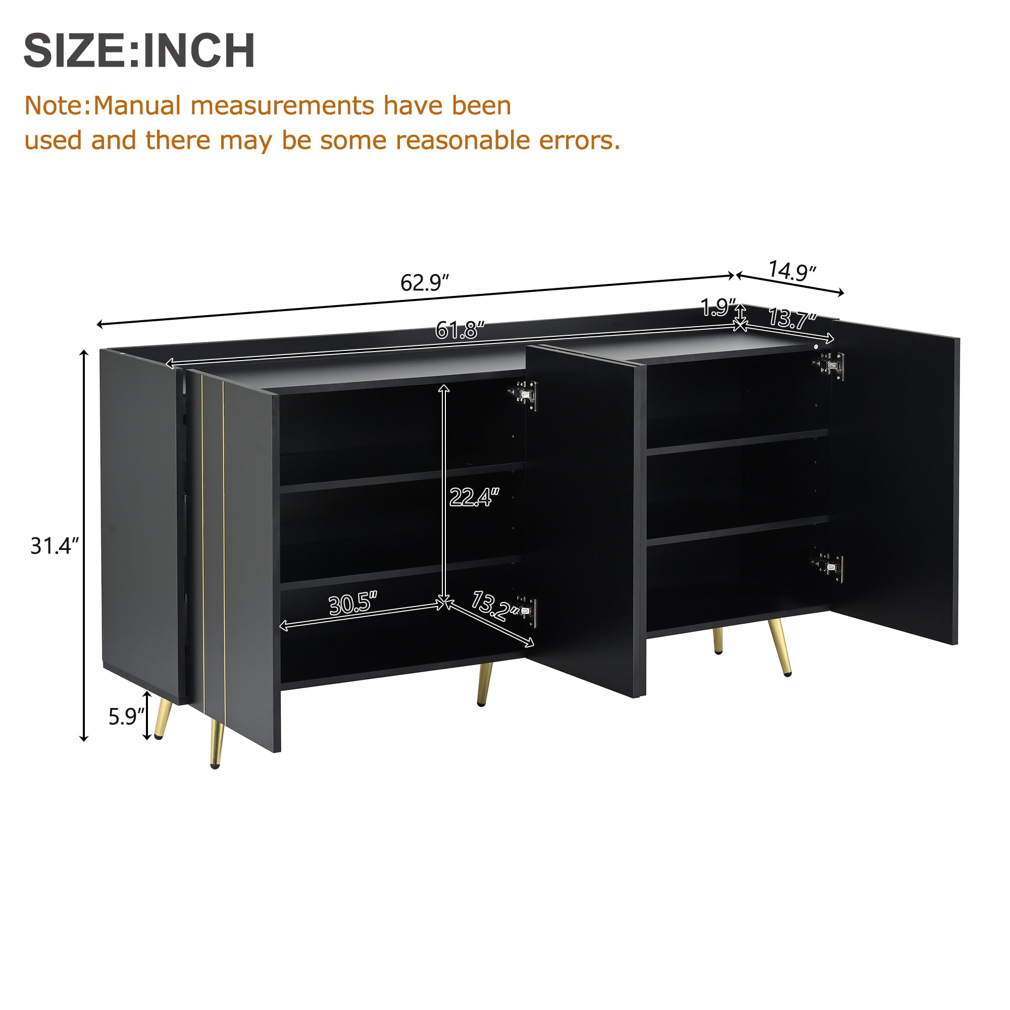 MAYEERTY Luxurious Shoe Cabinet with 5 Metal Legs, Modern TV Stand with 4 Adjustable Shelves for TVs Up to 70", Minimalist Sideboard Cabinet with Gold Lines Doors for Living Room,62.9"x 31.4",Black