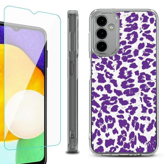 Shockproof Bumper Phone Case for Samsung Galaxy A14 5G, with Tempered Glass Screen Protector, by OneToughShield ® - Cheetah Purple