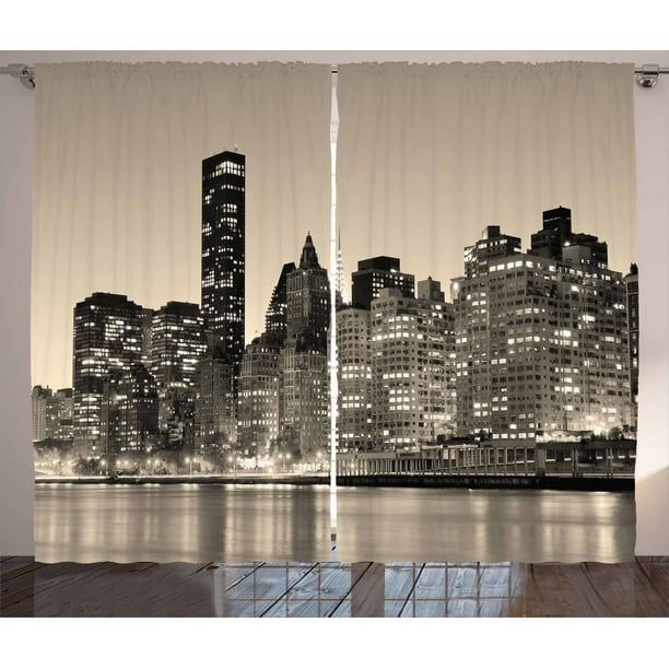 New York Curtains 2 Panels Set, Manhattan Skyline at Night East River