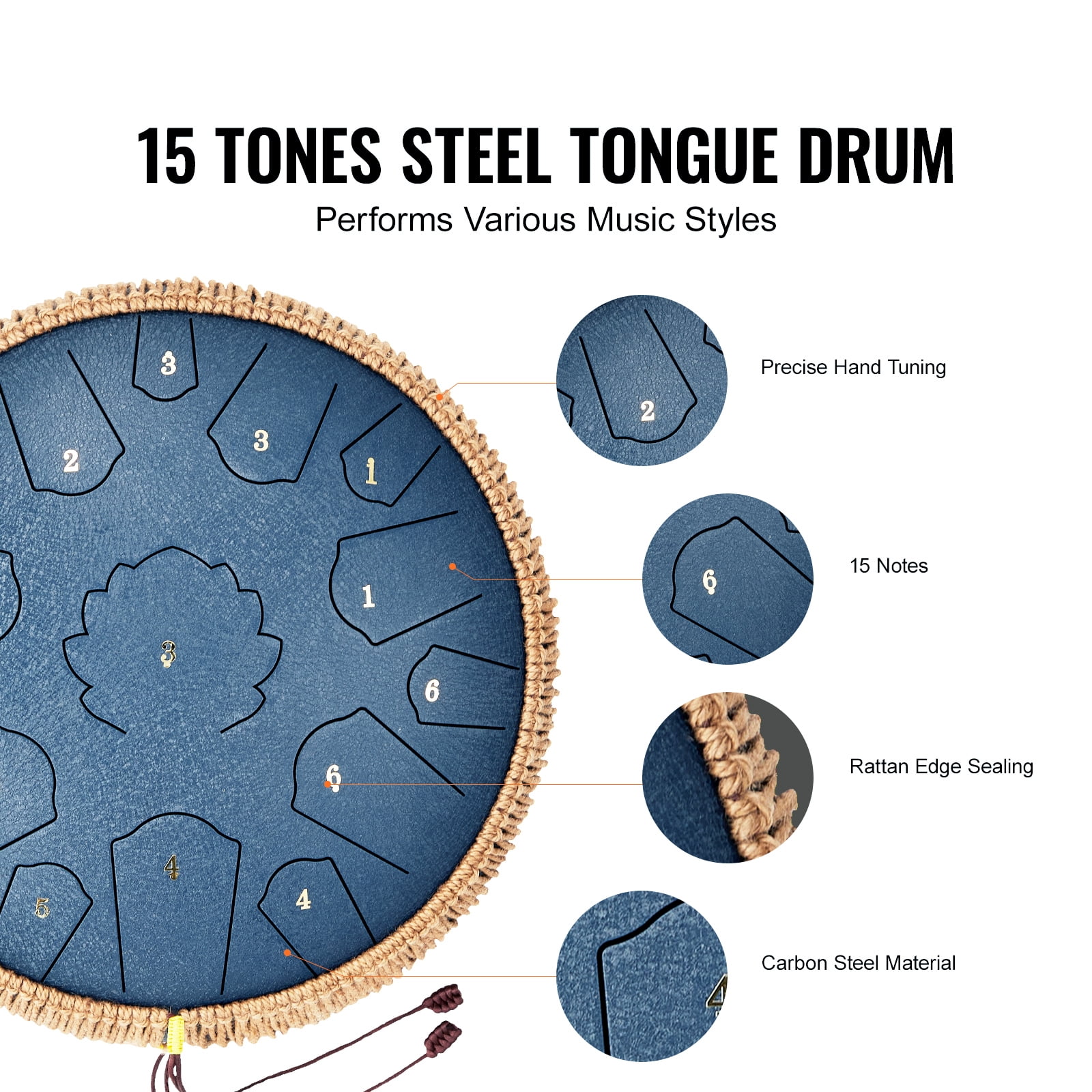 KFFKFF Steel Tongue Drum, 14-inch with 15 Notes, C Major Key, Percussion Instrument for Outdoor Use, Musical Learning, and Yoga, Includes Mallets and Carry Bag, Navy Blue