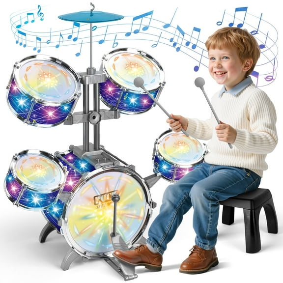 Huge Wave Kid Drum Set for Toddler 1-3 Years, Big Size Beginners Jazz Drum Set, Induction Sound and Light, Instrument Birthday Gift for Boys Girls