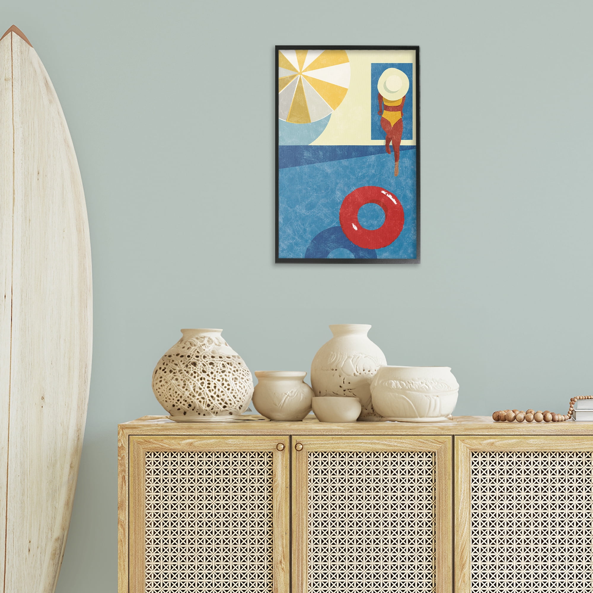 Stupell Industries Summer Poolside Girl Novelty Painting Black Framed Art Print Wall Art, 16 x 24