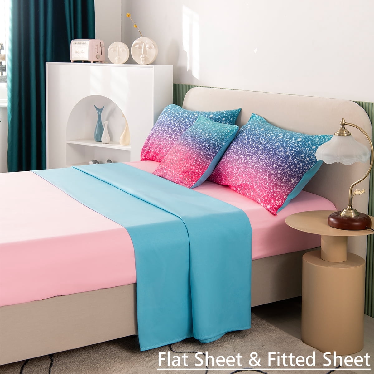 PERFEMET 6Pcs Pink Girls Queen Size Bedding Set Colorful Blue Pink Galaxy Star Kids Comfoter Set Ultra Soft Bed Set for All Season