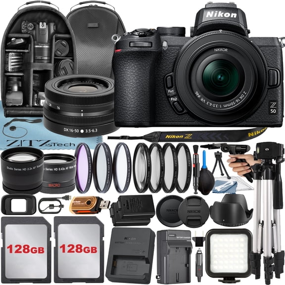 Nikon Z50 Mirrorless Camera with NIKKOR Z DX 16-50mm VR Lens   2 Pack 128GB Card   Case   Tripod   ZeeTech Accessory Bundle (International Version)