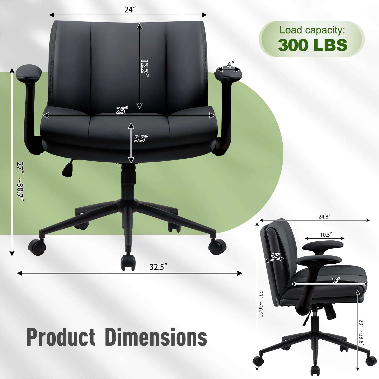 Cross Legged Office Chair on Wheels, Comfy Swivel Chair with Wide Seat for Home Office, Vanity, Ergonomic Desk Chair Adjustable, Black