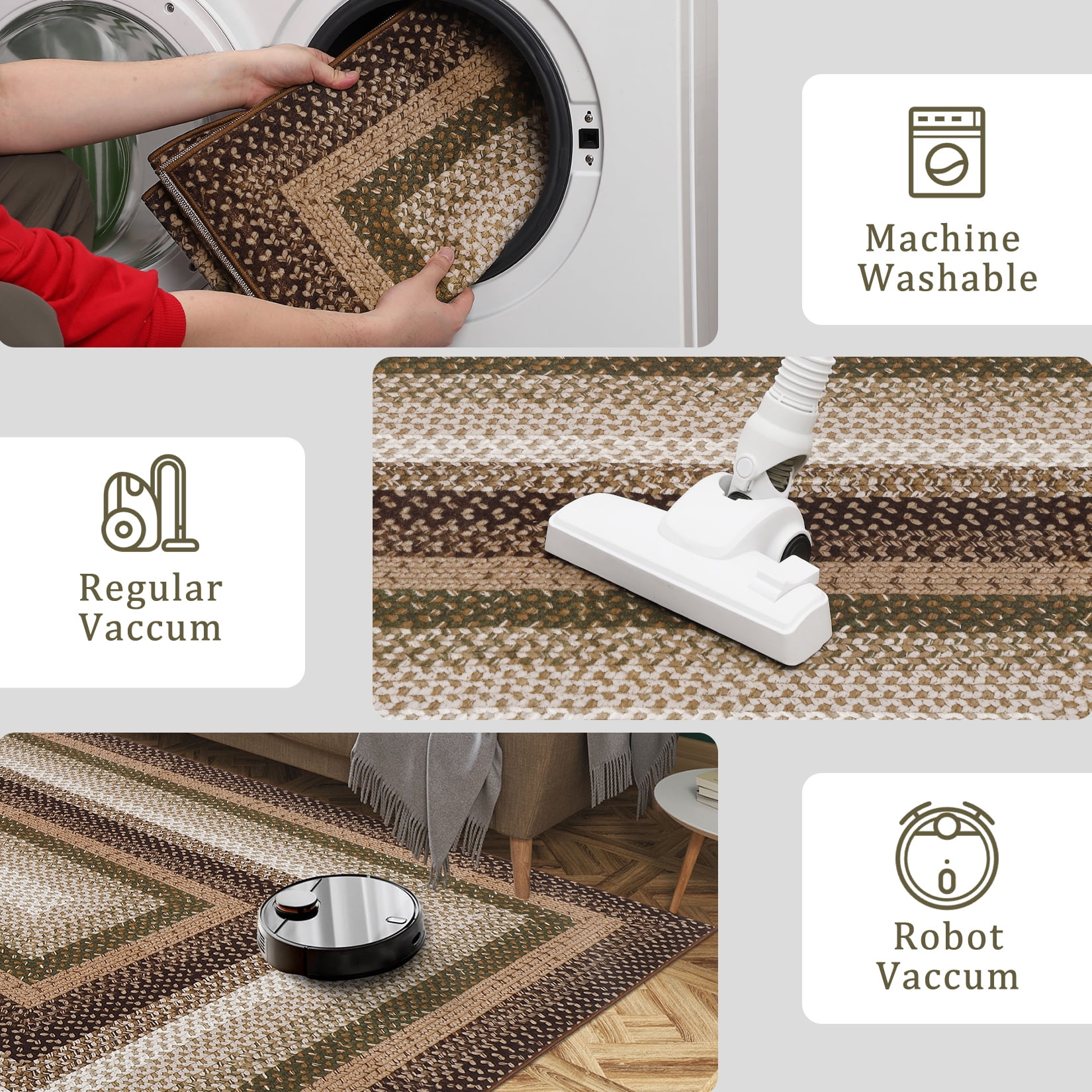 HOMERRY Area Rug 3' x 5' Rugs for Living Room Modern Washable Indoor Braided Print Border Carpet, Brown/Green