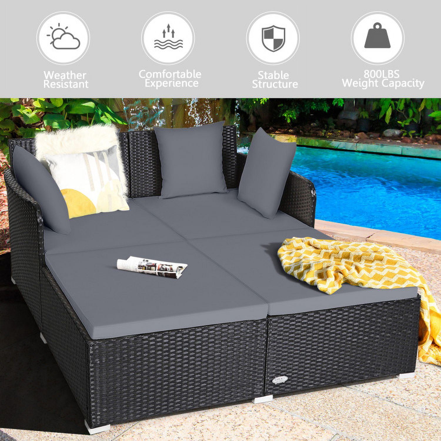 Aimee Lii Spacious Outdoor Rattan Daybed with Upholstered Cushions and Pillows, Outdoor Deck Furniture, Gray Aimee Lii Spacious Outdoor Rattan Daybed with Upholstered Cushions and Pillows, Outdoor Deck Furniture, Gray