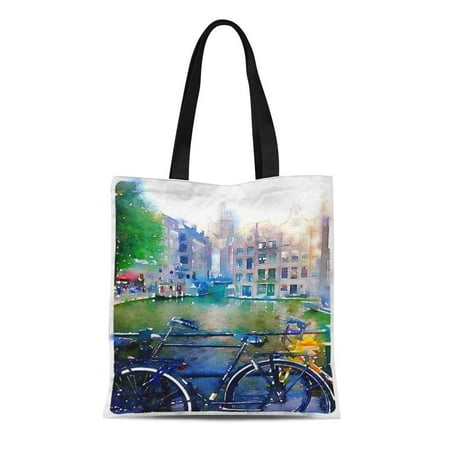 ASHLEIGH Canvas Tote Bag Bicycle Watercolor Amsterdam Canals and Houses Oil Old Painting Reusable Shoulder Grocery Shopping Bags
