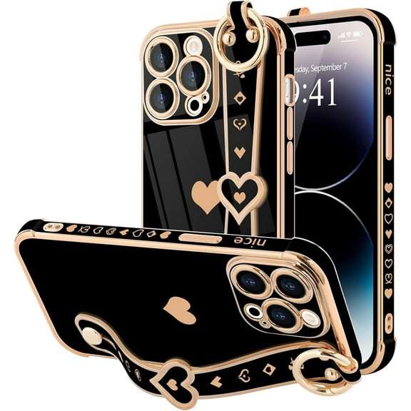IPhone 14 Pro Max Case, Cute Love-Heart Plating, Bling Silicone, Camera Lens Protection, Shockproof Bumper for Women & Girls (6.7")