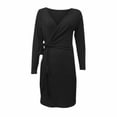 thumbnail image 4 of VSSSJ Womens Wrap V Neck Slim Long Sleeve Ribbed Knitted Dresses Solid Color Tie Waist Knee-Length Casual Cocktail Bodycon Dress Black M, 4 of 4