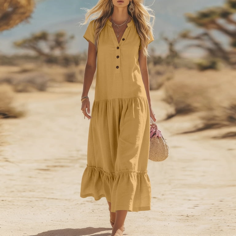 graduation dresses for juniors plus size YuXingFu Graduation Dresses Maxi V-Neck Plus Size Womens Dress Short Sleeve  Solid Color Long Casual Summer Yellow XXL
