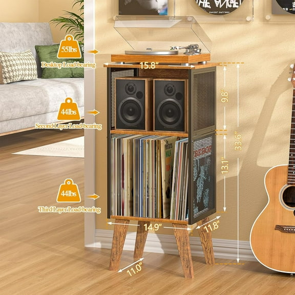 Record Player Stand with Vinyl Storage up to 100 Albums, Record Holder Stand with Adjustable Divider, CD/Book/LP Record Storage Holder, Retro Vinyl Record Player Stand for Bedroom Living Room