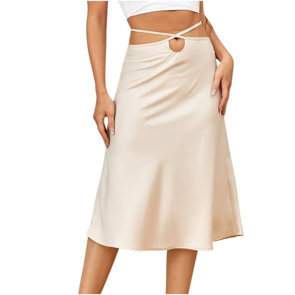 Ersazi Dresses for Women Women's Casual Fashion Solid Color Zipper Skirt Sexy Lace Navel Temperamental Commute Skirt Beige L