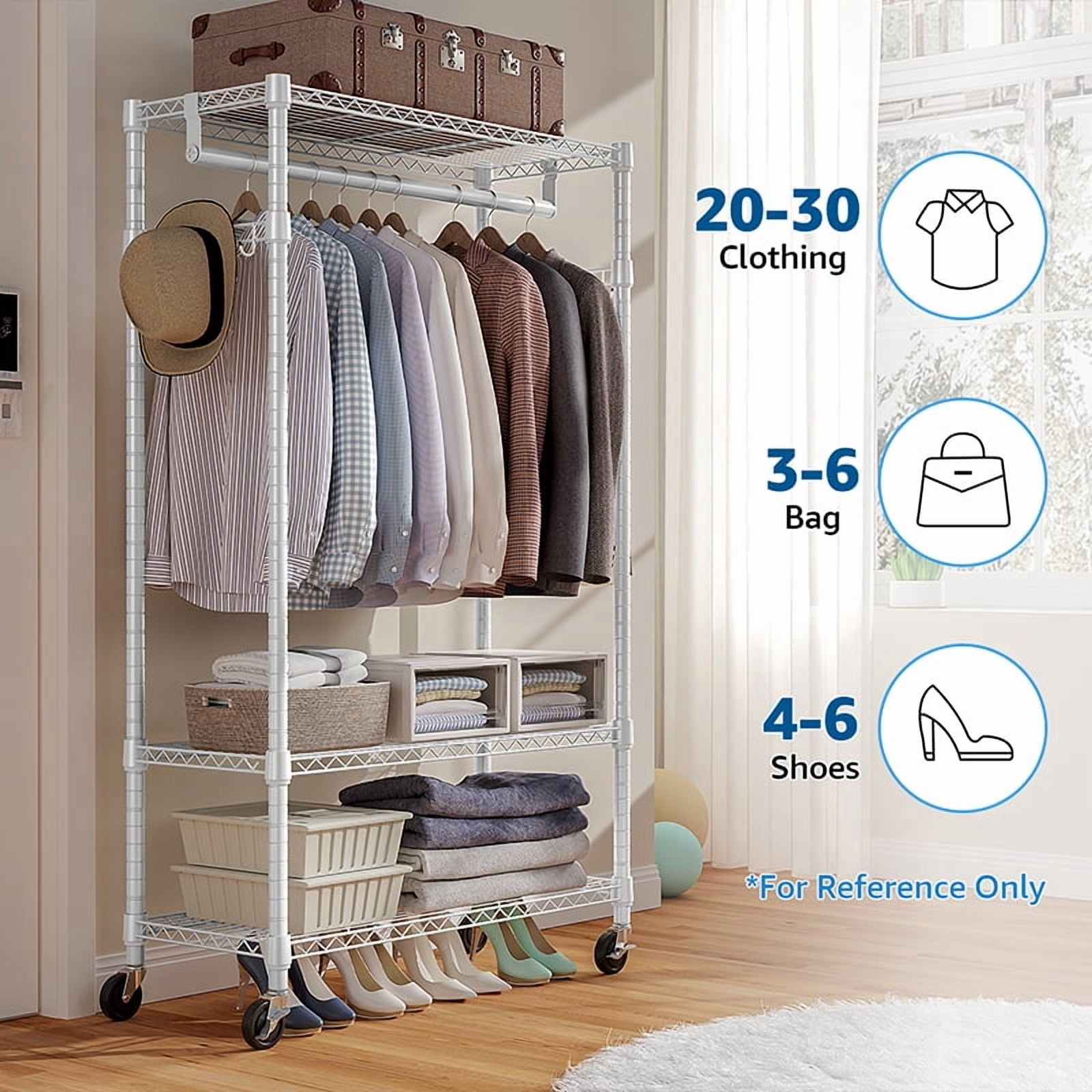 Heavy Duty Rolling Garment Rack, 3-Tier Adjustable Wire Shelf Clothing Organizer with Hanging Rod & Side Hooks, Lockable Casters 15.7"D×29.5"W×74.5"H