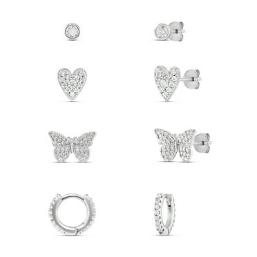 Brilliance Fine Jewelry Sterling Silver Round, Heart, Butterfly and Huggie Hoop CZ Earring Set, 4 Pairs