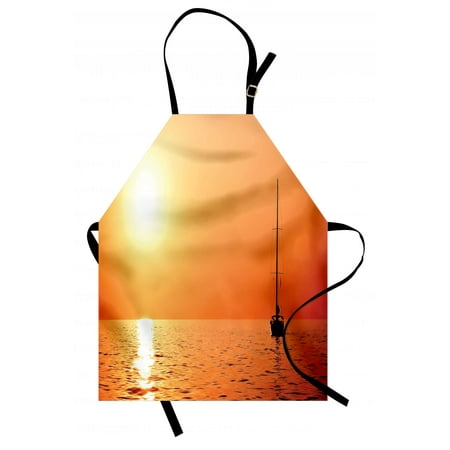 Sailboat Apron Lonely Yacht at Sunset Sailing Competition Race Teamwork Marine Vessel Winner, Unisex Kitchen Bib Apron with Adjustable Neck for Cooking Baking Gardening, Orange Yellow, by