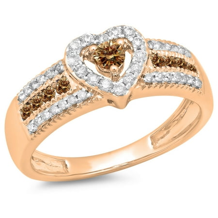0.55 Carat (ctw) 18K Rose Gold Round Cut Champagne & White Diamond Ladies Bridal Heart Shaped Promise Engagement Ring 1