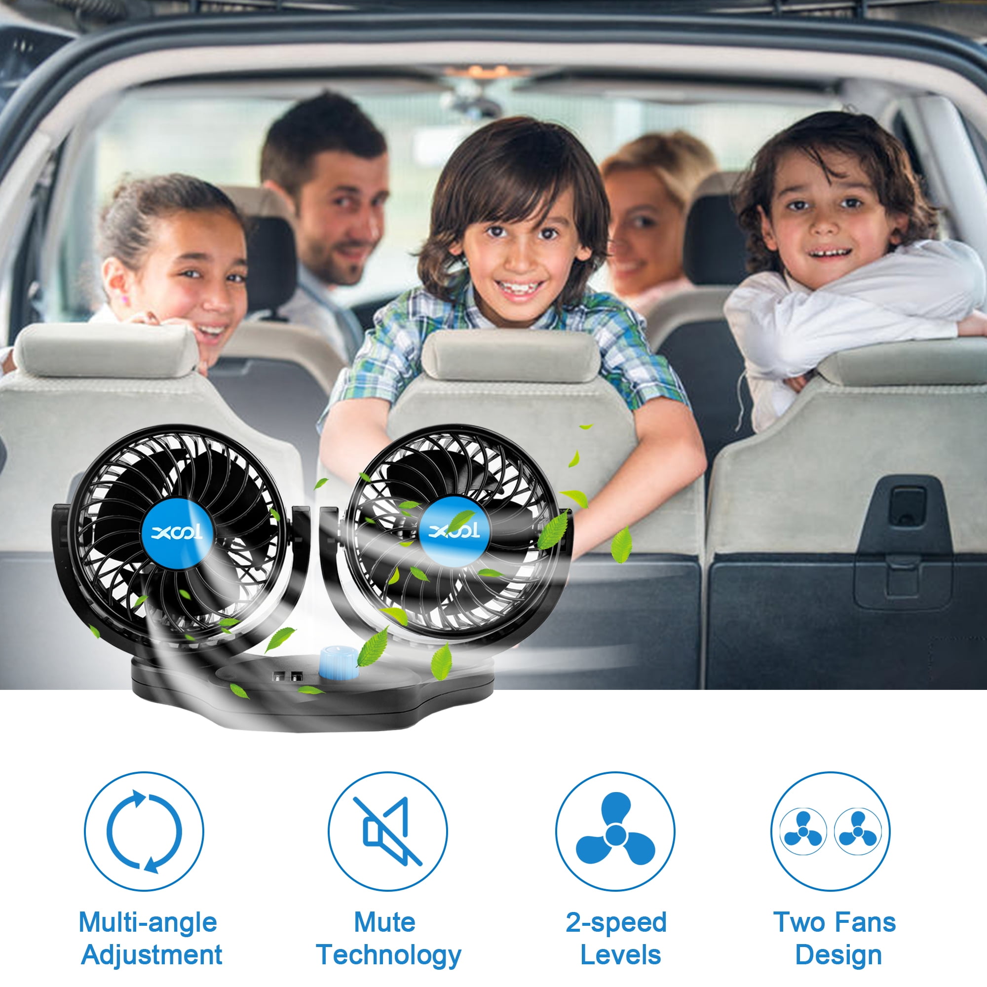 Car Fan, Electric Car Fan for Rear Seat Passenger Portable 360 Degree 12V Cooling Air Fan for SUV, RV, Vehicle (2 USB Charging Ports)