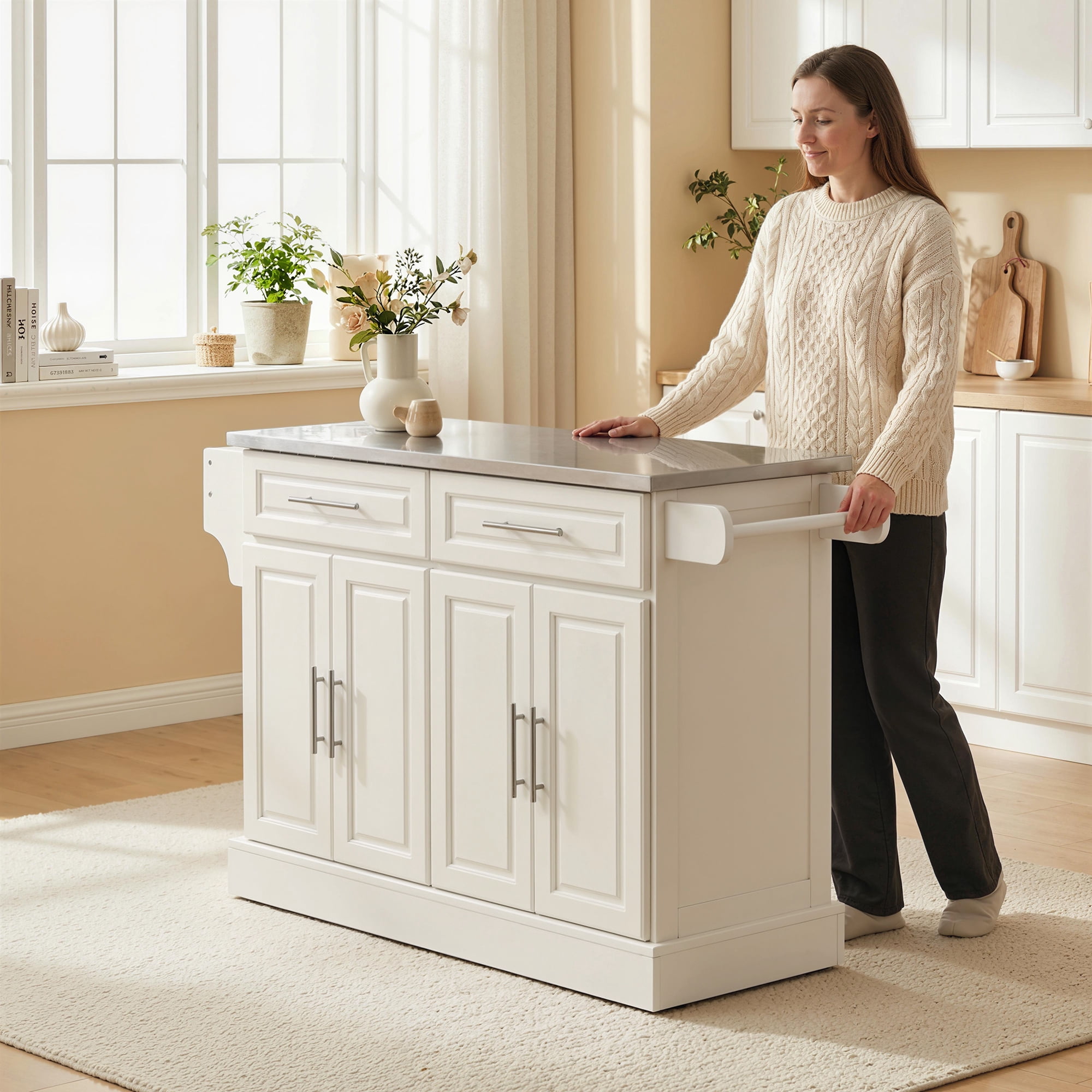 HOMCOM Rolling Kitchen Cart on Wheels, Portable Kitchen Cart with Stainless Steel Top, 2 Drawers, Spice, Knife and Towel Rack, Cream White