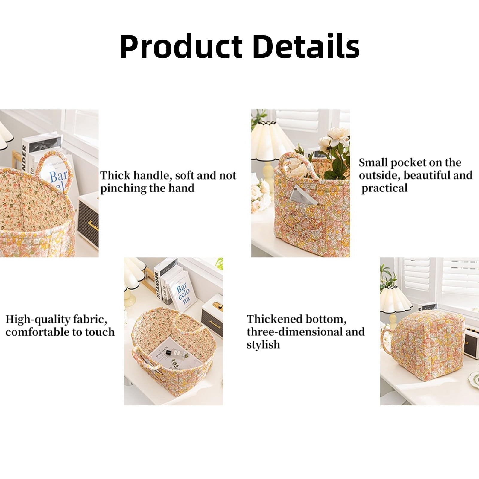 Guilted Basket - Quilted Storage Basket, Floral Foldable Storage Basket Car, Quilted Easter Basket with Easy-Carry Handles Large