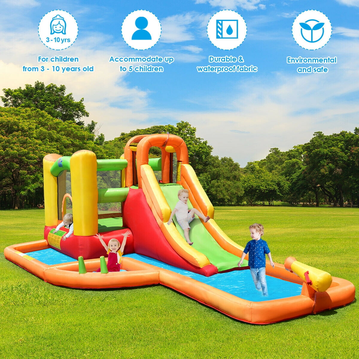 Gymax Inflatable Splash Water Park Bounce House Jump Slide Bouncer Kids ...