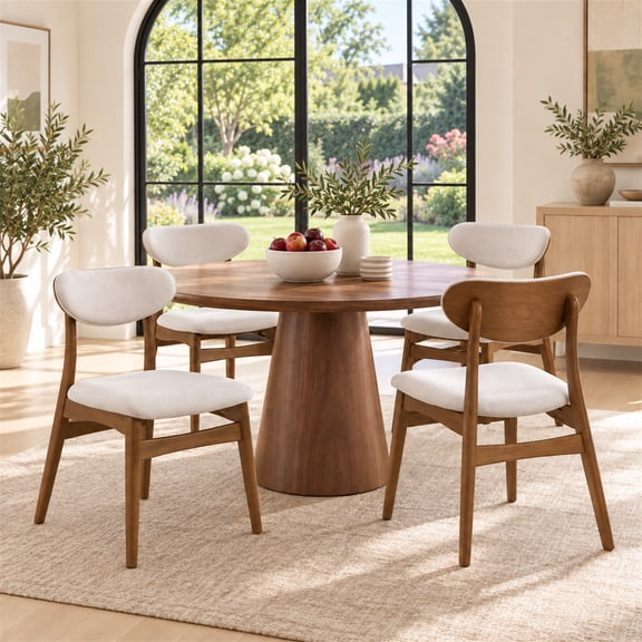 Prilinex Farmhouse Dining Chairs Set of 4, Fabric Upholstered Wooden Dining Chairs with Curved Back & Wood Legs, Mid-Century Kitchen Chairs for Dining Room Restaurant, Beige