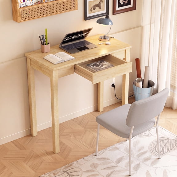 100% Solid Wood with Drawers 31 x 16 Inch Small Desk Mid Century Modern Desk Vintage Small Writing Wooden Desks for Small Spaces Bedroom, Living Room, Office