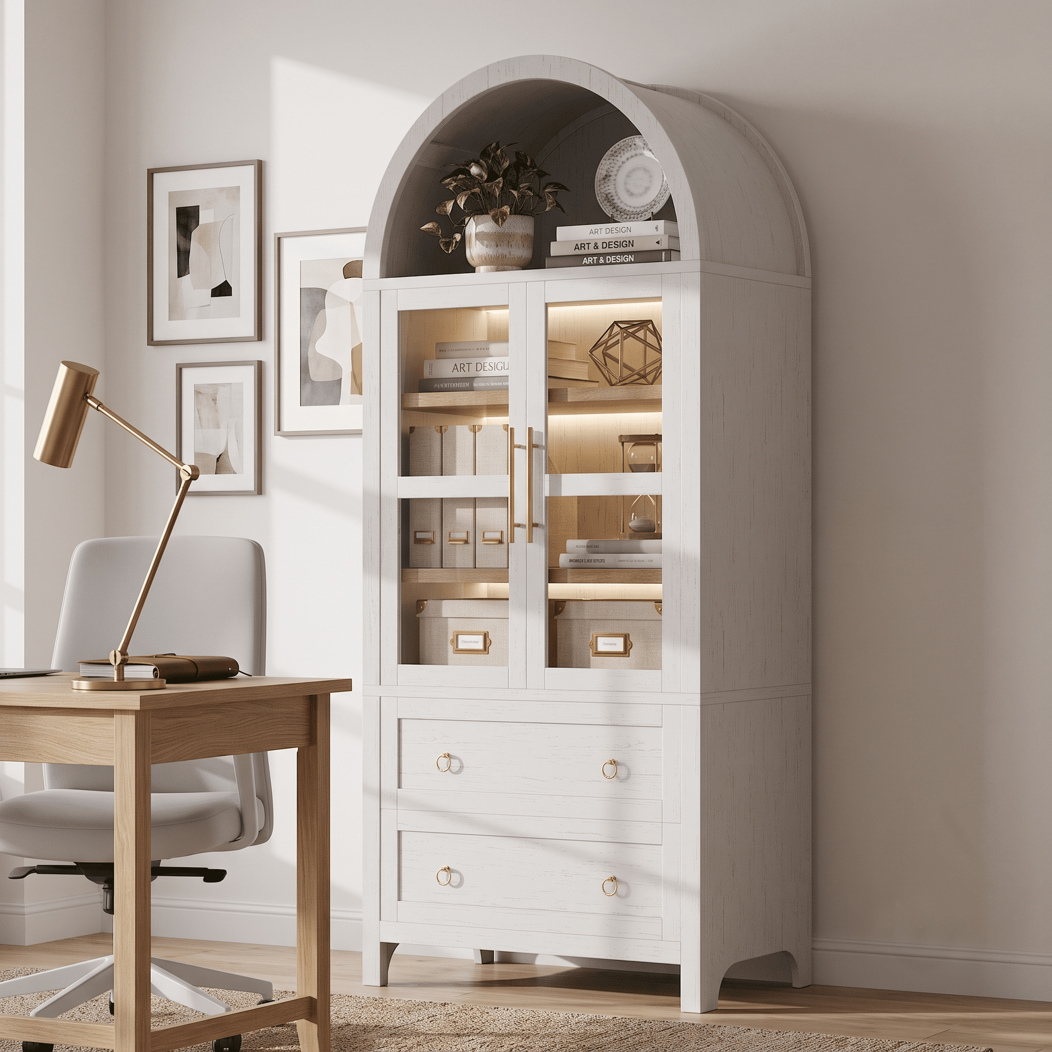 Homy Casa 71" Tall Arched Kitchen Pantry Storage Cabinet with Glass Doors 2 Drawers Adjustable Shelves White