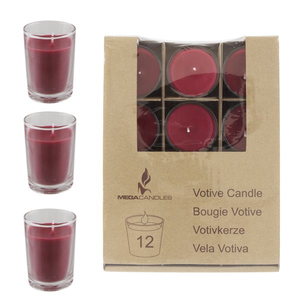 Mega Candles Unscented Votive Glass Container Candle Red, Set of 12