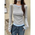 thumbnail image 4 of T-Shirts en Coton à Manches Longues pour Femmes, Faux Deux Pièces, Pull-Over, Automne 2024, Rayé, 4 of 5