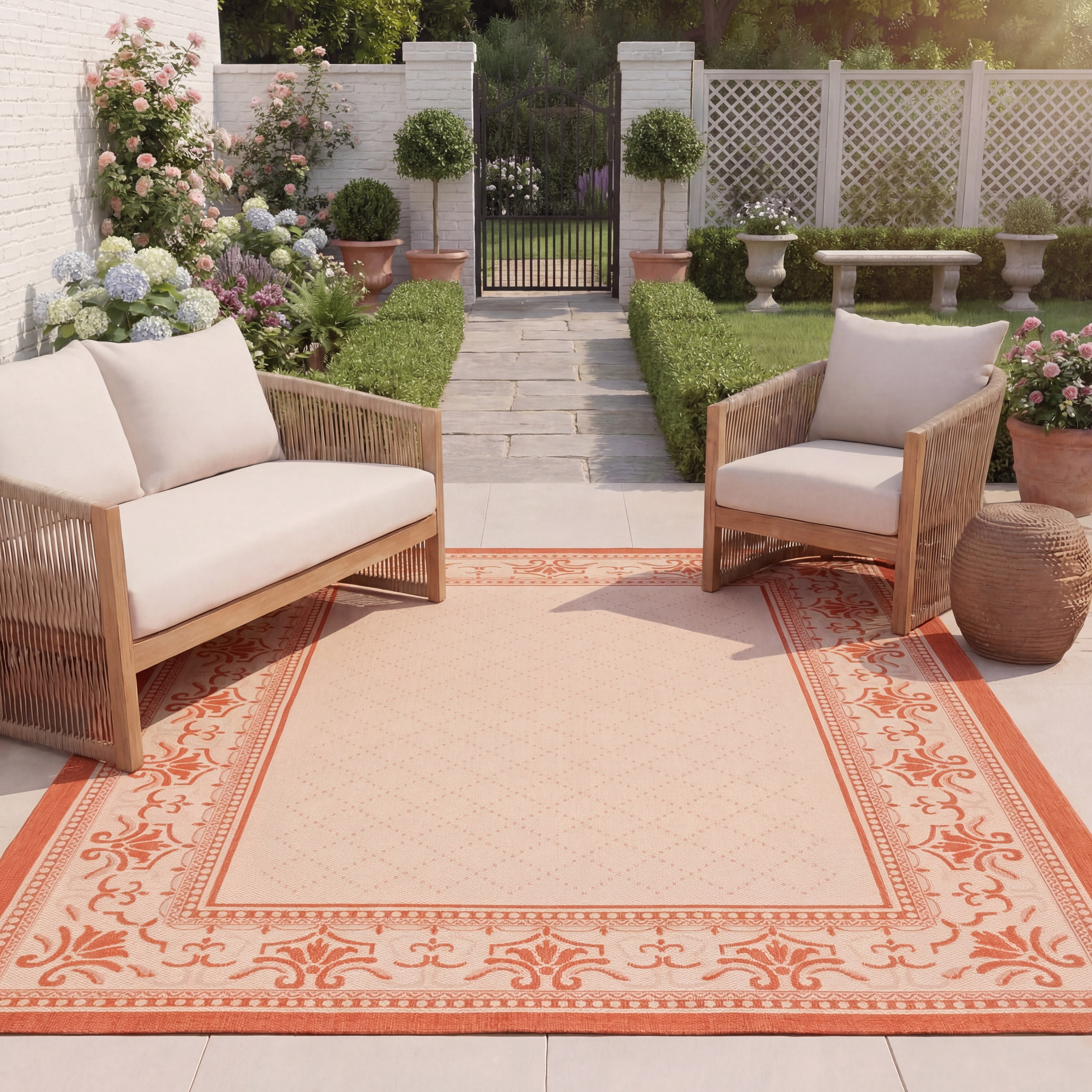 Safavieh Courtyard Eva Oriental Indoor/Outdoor Area Rug, Natural/Terracotta, 7'10" x 7'10" Square