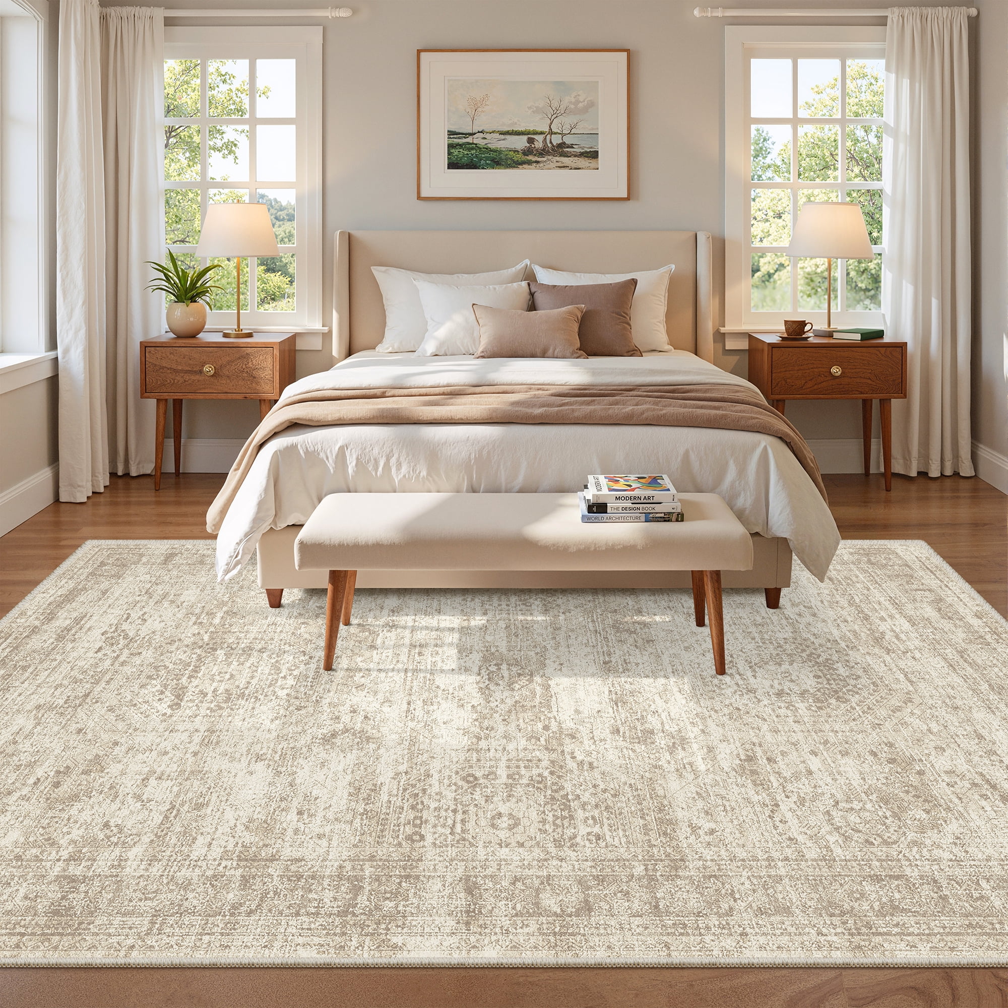 Roxstand Washable Rugs 6x9, Vintage Distressed Area Rugs for Living Room, Non Slip Accent Bedroom Rug (6'x9', Beige)